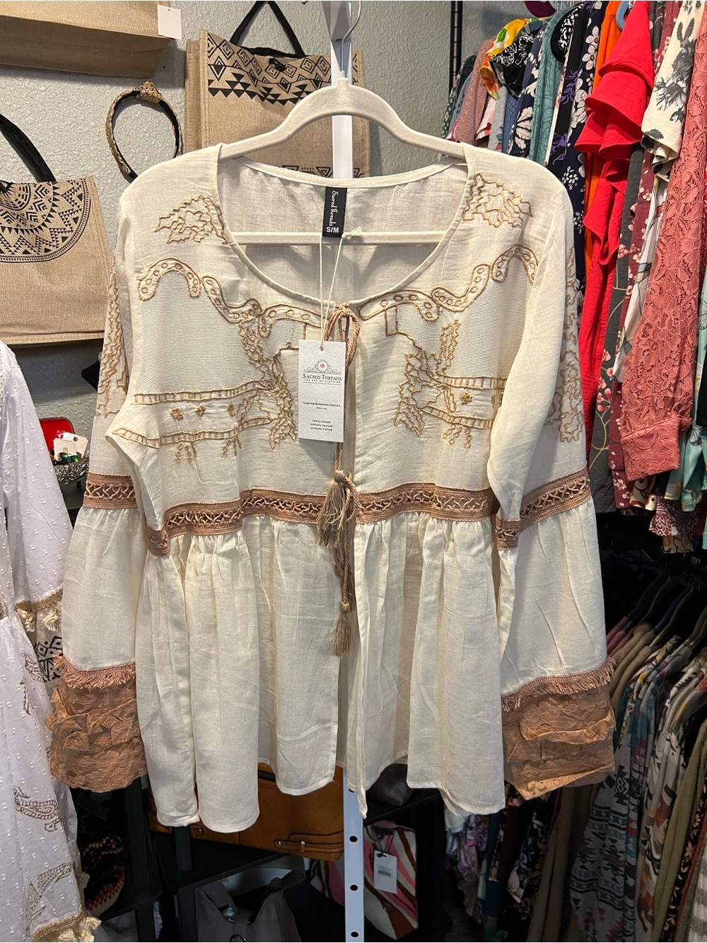 Sacred Threads Cream Tunic with Tan Embroidery